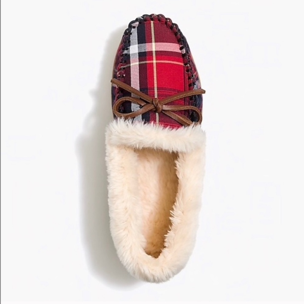 NEW! J. Crew Moccasin Slippers in Tartan Plaid Shearling